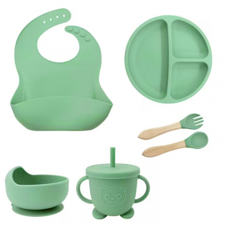 Accesorii mancare bebelusi - Set hranire bebelusi si copii, pentru diversificare din silicon, 6+ luni, farfurie, bol, bavetica, tacamuri, Turcoaz