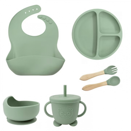 Accesorii mancare bebelusi - Set hranire bebelusi si copii, pentru diversificare din silicon, 6+ luni, farfurie, bol, bavetica, tacamuri, Verde