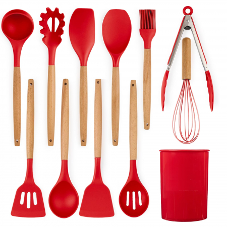 Set ustensile bucatarie 12 piese Lemn si Silicon alimentar, Termorezistente, Antiaderente, Suport Blat, Rosu [4]
