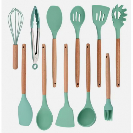 Set ustensile bucatarie 12 piese Lemn si Silicon alimentar, Termorezistente, Antiaderente, Suport Blat, Turcoaz [1]