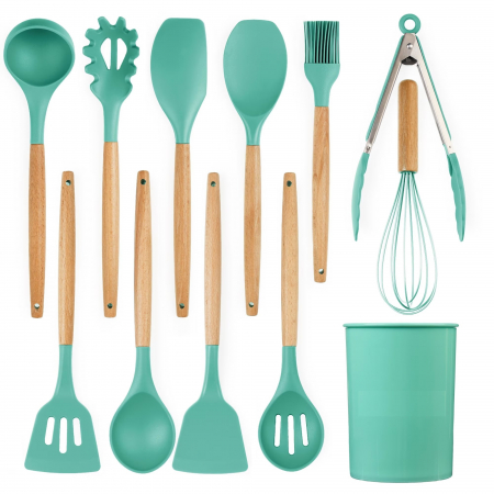 Set ustensile bucatarie 12 piese Lemn si Silicon alimentar, Termorezistente, Antiaderente, Suport Blat, Turcoaz [4]