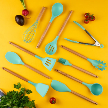 Set ustensile bucatarie 12 piese Lemn si Silicon alimentar, Termorezistente, Antiaderente, Suport Blat, Turcoaz [5]