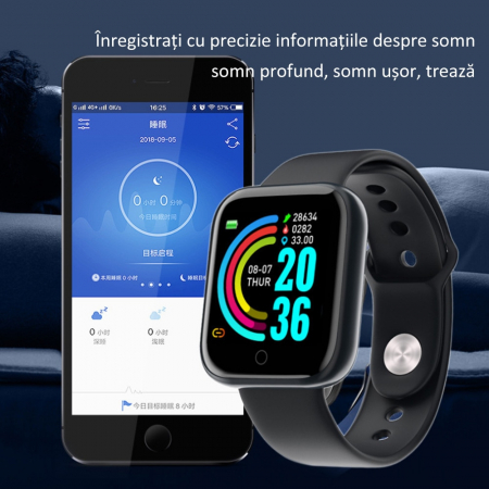 Smartwatch Y68, 1.30'', IPS, Bluetooth 4.0, IP67, Monitorizare puls/pasi/somn/activitati fizice/calorii, Negru [2]
