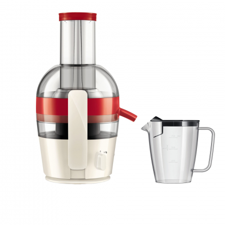 Storcatoare - Storcator de fructe si legume Philips Viva Collection HR1855, 800 W, Recipient suc 0.8 l, Recipient pulpa 1.2 l, 1 Viteza, Tub de alimentare 75 mm, Alb/Rosu