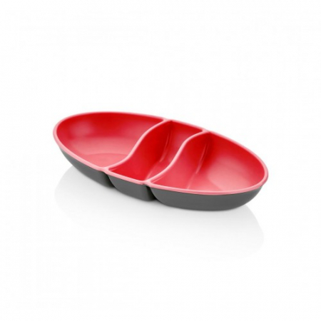 Vesela - Tava aperitiv plastic ovala, Art of Dinning by Heinner, 3 compartimente, 25.5x15x3 cm, rosu-gri