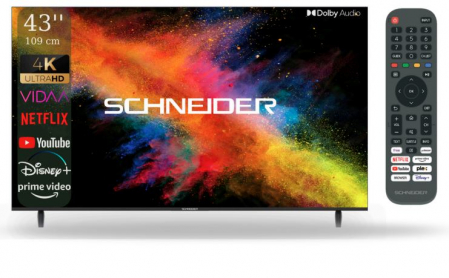 Televizoare - Televizor Smart SCHNEIDER Ultra HD 4K 43SC691K de 109 cm, Sistem VIDAA OS, Wi-Fi, Netflix, YouTube, Prime Video, Disney Plus, Audio Dolby,  Negru, Clasa E
