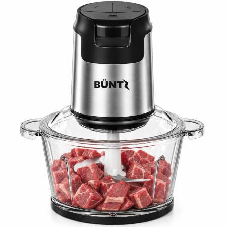 Tocator Electric BUNTZ, BFC-300S, Bol din Sticla 2L, 4 Lame din Otel Inoxidabil, 300W, Motor cu Bobinaj din Cupru, Protectie la Supraincalzire, Buton de Siguranta, Tocator pentru Carne, Legume, Fructe [3]
