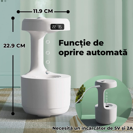 Umidificator De Aer, Sistem Anti-Gravitatie, Pulverizare Ceata Rece, Silentios, Alimentare USB, Capacitate 800ml, Lumina Ambientala, Afisaj Digital Ora, Oprire Automata, Alb [6]