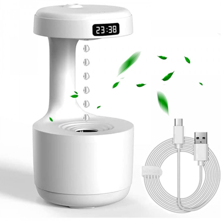 Umidificator De Aer, Sistem Anti-Gravitatie, Pulverizare Ceata Rece, Silentios, Alimentare USB, Capacitate 800ml, Lumina Ambientala, Afisaj Digital Ora, Oprire Automata, Alb [1]