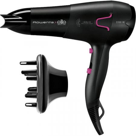 Ingrijire personala - Uscator de par Rowenta Power Pro Ionic CV5622F0, 2200W, 2 trepte de viteza, 3 setari de temperatura, inel de agatare, generator de ioni, CoolShot, Negru/Roz
