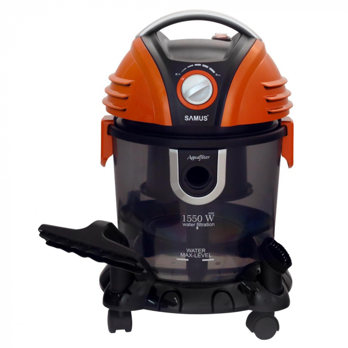 Aspirator Samus Aquafilter Orange, cu filtrare prin apa, fara sac, 15 l, 1550 W, filtru HEPA, aspirare umeda si uscata, functie suflare aer, negru cu portocaliu [2]