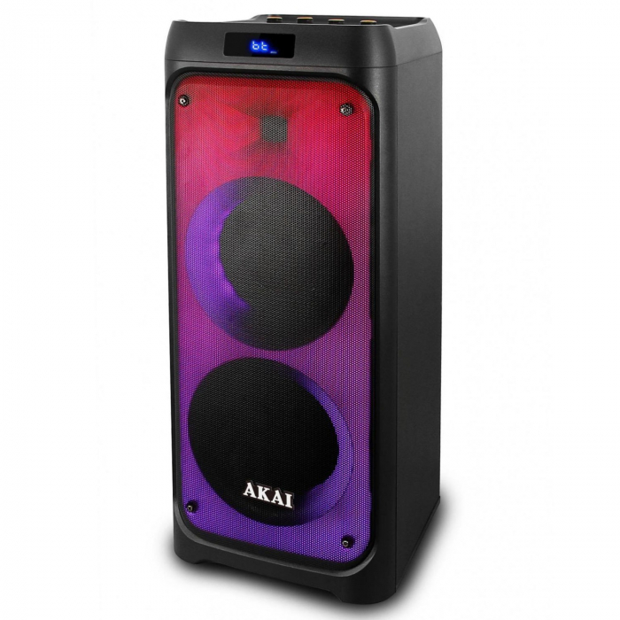Boxa portabila activa Akai Party Speaker 260, 50 W, Bluetooth, USB, microSD slot card, Aux in, radio FM, intrare microfon, intrare chitara, lumini LED dinamice, afisaj LED, microfon, telecomanda, neag [1]