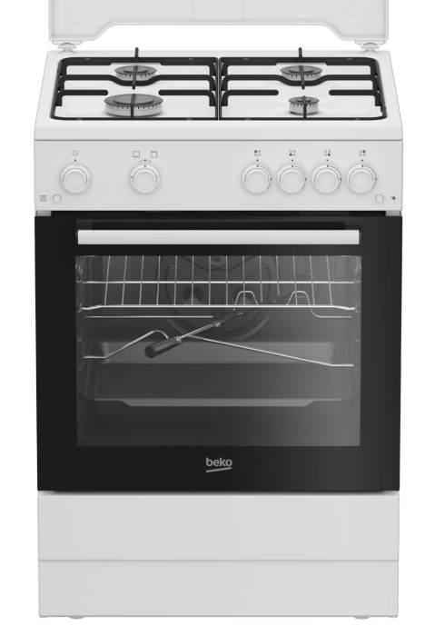 Aragaz Beko FBGT62110GWO, Gaz, 4 arzatoare, Safety Plus, Timer, Aprindere electrica plita/cuptor, Grill gaz, Arzatoare cu eficienta ridicata, 60 cm, Alb [1]