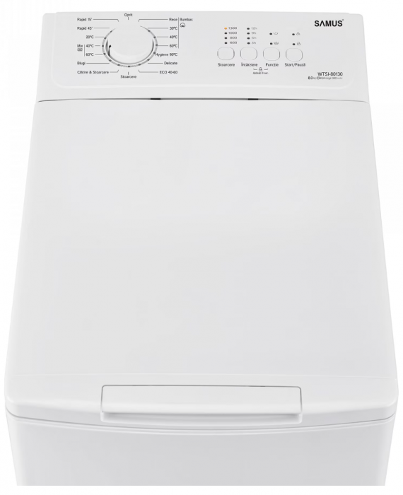 Masina de spalat rufe cu incarcare verticala Samus WTSI-80130, 8 kg, Motor inverter, Clasa energetica C, 15 Programe, Programe speciale Blugi, Mix, Hygiene 90°C, 1300 Rotatii, Blocare acces copii, Alb [2]