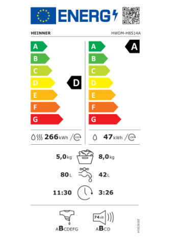 Masina de spalat rufe cu uscator Heinner HWDM-H8514A, Spalare 8 kg, Uscare 5 kg, 1400 RPM, Clasa A, Motor inverter Display LED, Blocare acces copii, Alb [2]