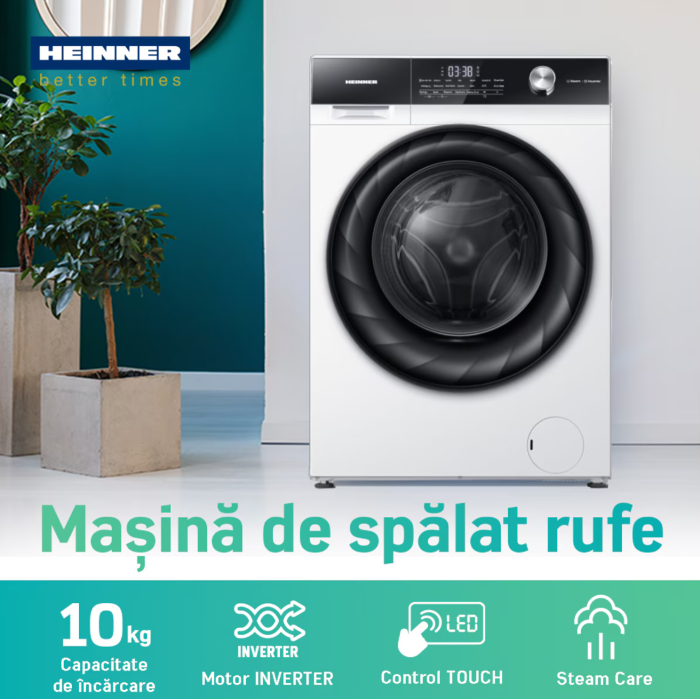 Masina de spalat rufe Heinner HWM-H1014IVKA+++, 10 kg, 1400 rpm, Clasa A, Motor Inverter, Display digital, Clatire suplimentara, Alb [2]