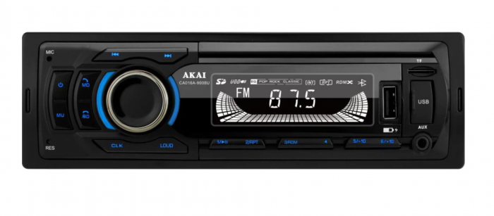 Player auto multi-media AKAI CA016A-9008U cu operare prin aplicatie, Bluetooth, Radio FM, TF card, 1 x USB functie incarcare, 1 x functie redare audio, afisaj LED, conector ISO [1]