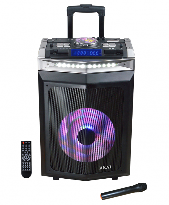 Boxa activa portabila AKAI DJ-6112BT cu DJ mixer, Bluetooth, dual USB, radio, microfon wireless, telecomanda si mufa intrare chitara, 120W [1]