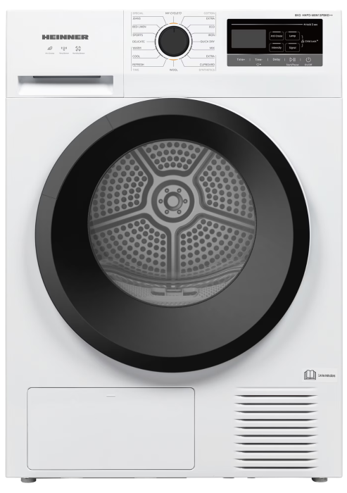 Uscator de rufe Heinner HHPD-M8N13PBKE++, Pompa de caldura, 8 kg, 16 programe, Clasa E, Display LED, Functie anti-sifonare, Lumina cuva, Indicator curatare filtru scame, Indicator rezervor colectare a [1]