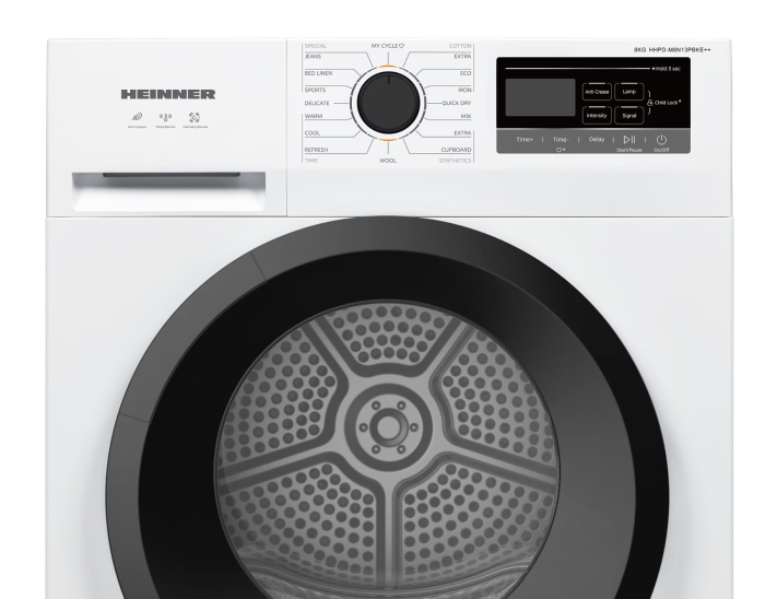 Uscator de rufe Heinner HHPD-M8N13PBKE++, Pompa de caldura, 8 kg, 16 programe, Clasa E, Display LED, Functie anti-sifonare, Lumina cuva, Indicator curatare filtru scame, Indicator rezervor colectare a [2]