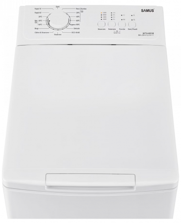 Masina de spalat rufe cu incarcare verticala Samus WTSI-80130, 8 kg, Motor inverter, Clasa energetica C, 15 Programe, Programe speciale Blugi, Mix, Hygiene 90°C, 1300 Rotatii, Blocare acces copii, Alb [1]