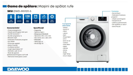 Masina de spalat rufe DWD-MV1011-5 Daewoo, 6 kg, 1200 rpm, clasa A, motor inverter, Program Abur, 16 programe, ECO Wash, Quick Wash, Baby Care, Child Lock, Alb [1]
