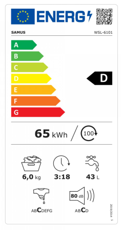 Masina de spalat rufe Samus WSL-6101, 6 kg, Slim, 23 Programe, 1000 rotatii/minut, Clasa energetica D, Afisaj cu leduri, Programe rapid, eco, spalare cu aburi, Alb [1]