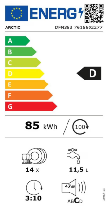 Masina de spalat vase Arctic DFN363, 14 seturi, 6 programe, Clasa D, Deschidere automata a usii, Aqua Protect, Mini 35, 60 cm, Alb [7]