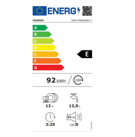 Masina de spalat vase Heinner HDW-FS6062WE++, 12 Seturi, 6 programe, Clasa E, Program Rapid 30’, 60 cm [2]