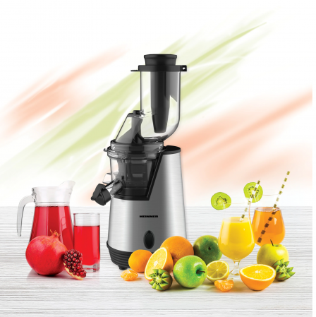 Storcator de fructe cu melc Heinner HSJ-200X, 200 W, 75 Rpm, Tub larg 80 mm, Recipiente fara BPA, Functie reverse, Inox [1]