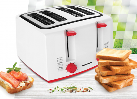 Prajitor de paine Heinner Panfette 1300 HTP-1300WHR, 1100W, capacitate 4 felii, 7 niveluri de rumenire,Alb/Rosu [1]