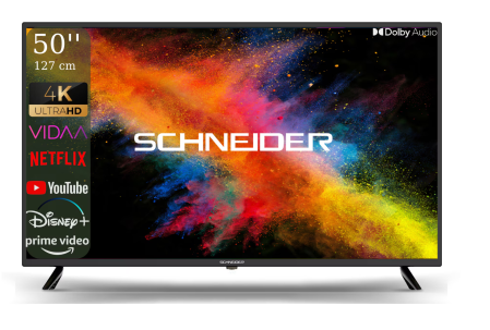 Televizoare - Televizor Smart SCHNEIDER Ultra HD 4K 50SC690K de 127 cm, Sistem VIDAA OS, Wi-Fi, Netflix, YouTube, Prime Video, Disney Plus, Audio Dolby, Mod Hotel, Negru, Clasa F