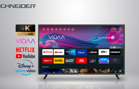 Televizor Smart SCHNEIDER Ultra HD 4K 50SC690K de 127 cm, Sistem VIDAA OS, Wi-Fi, Netflix, YouTube, Prime Video, Disney Plus, Audio Dolby, Mod Hotel, Negru, Clasa F [1]