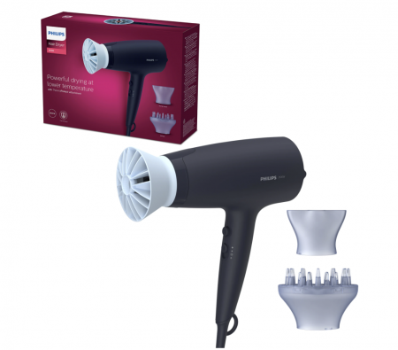 Ingrijire Personala - Uscator de par Philips BHD360/20, 2100W, accesoriu Thermo Protect, ingrijire cu ioni, 3 trepte de temperatura, 2 trepte de viteza, cap de coafare 14 mm, difuzor, Albastru inchis