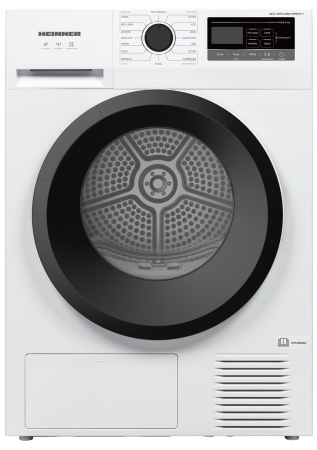 Electrocasnice Mari - Uscator de rufe Heinner HHPD-M8N13PBKE++, Pompa de caldura, 8 kg, 16 programe, Clasa E, Display LED, Functie anti-sifonare, Lumina cuva, Indicator curatare filtru scame, Indicator rezervor colectare a
