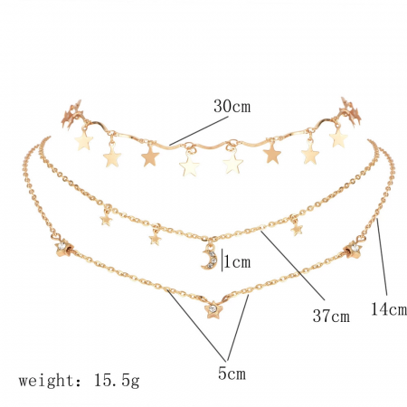 Colier auriu multilayer triplu cu cristale si pandantiv luna si stea [2]