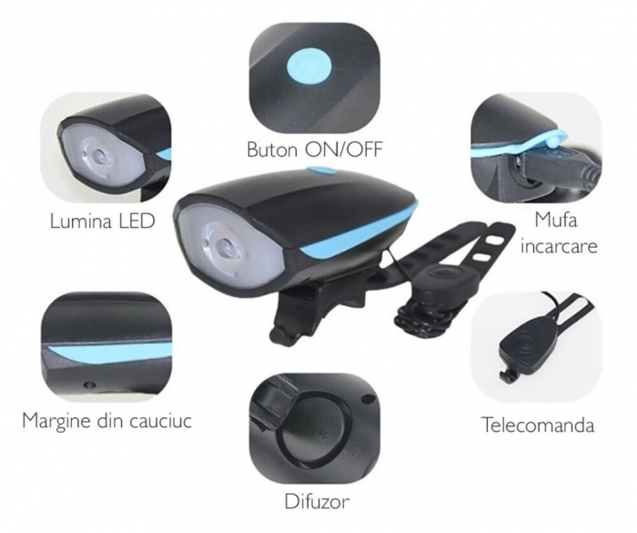Far LED cu Claxon pentru Trotineta Electrica – Incarcare USB, 3 Moduri, 1200mAh [3]