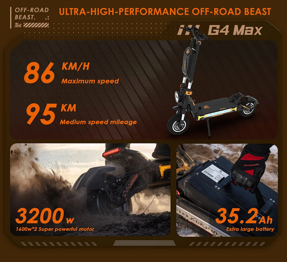 Trotineta electrica de teren KuKirin G4 Max – 2 motoare de 1600W, baterie 60V 35,2Ah, viteza maxima 86 km/h, autonomie 95 km, anvelope 12 inch, frane hidraulice, IP54 – Negru [14]