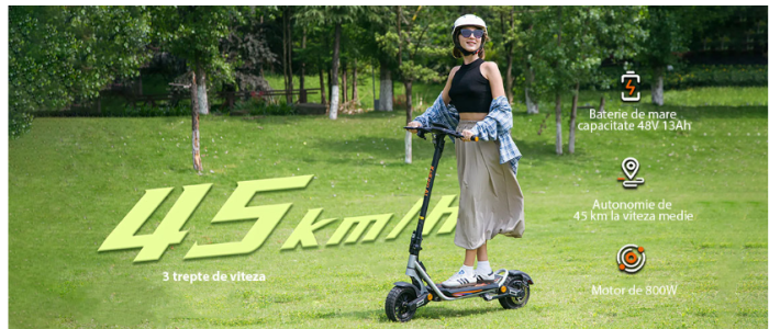 Trotineta electrică KuKirin A1, motor de 800W, baterie de 48V 13Ah, viteză maximă 45 km/h, autonomie de până la 45 km, anvelope de 10 inch, frâne pe disc și suspensie dublă [8]