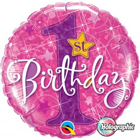 Baloane Aniversari - Balon Folie 1st Birthday Stars Pink Holographic 45 cm 1 buc DB41597