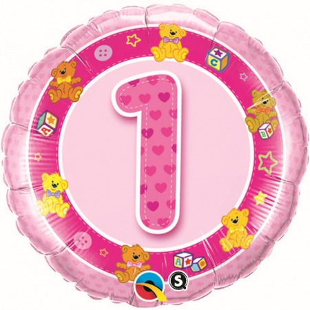 Baloane Cifre & Litere - Balon Folie Cifra 1 Roz Cu Ursuleti 45 cm 1 buc DB26281