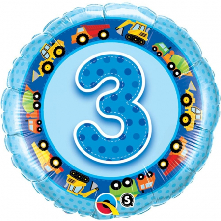 Baloane Cifre & Litere - Balon Folie Cifra 3 Albastru Escavatoare Si Camioane 45 cm 1 buc DB26293