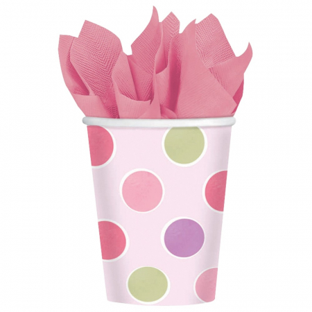 Farfurii,pahare & servetele - Pahare carton cu buline roz pentru petrecere copii 266ml Set 8 buc DB589457
