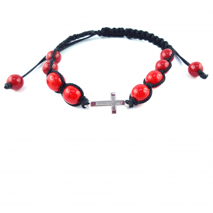 Bratara snur negru impletit manual personalizata cruciulita argint margele rosii sticla Bohemia reglabila 4108190 Dras [1]