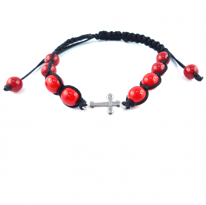Bratara snur negru impletit manual personalizata cruciulita argint margele rosii sticla Bohemia reglabila 4183115 Dras [1]