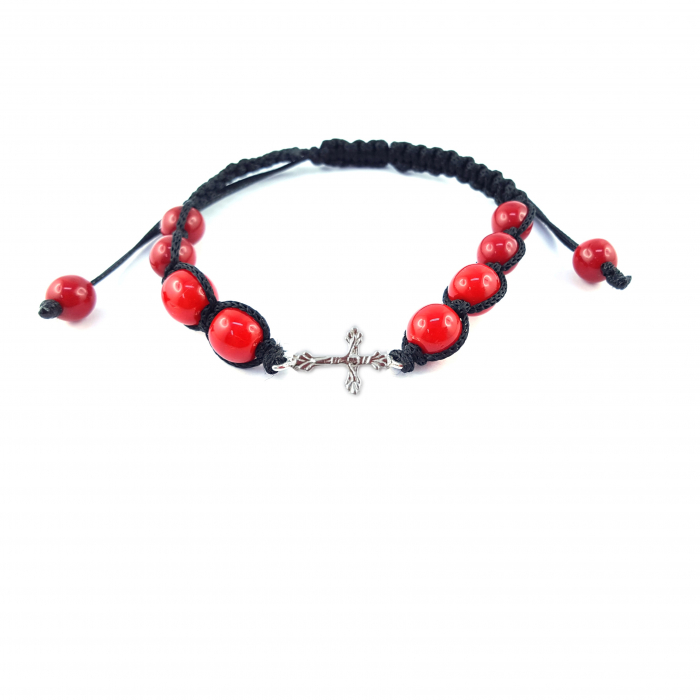Bratara snur negru impletit manual personalizata cruciulita argint margele rosii sticla Bohemia reglabila 4221060 Dras [1]
