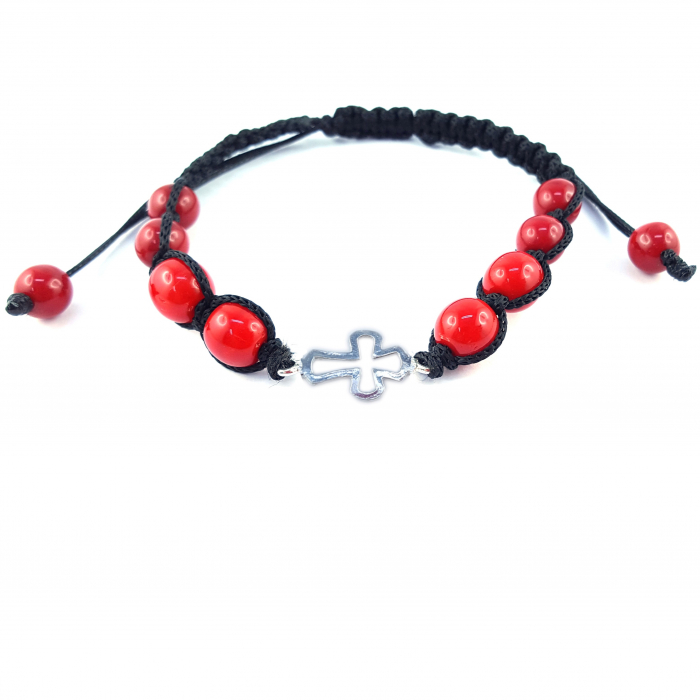 Bratara snur negru impletit manual personalizata cruciulita argint margele rosii sticla Bohemia reglabila 4521070 Dras [1]