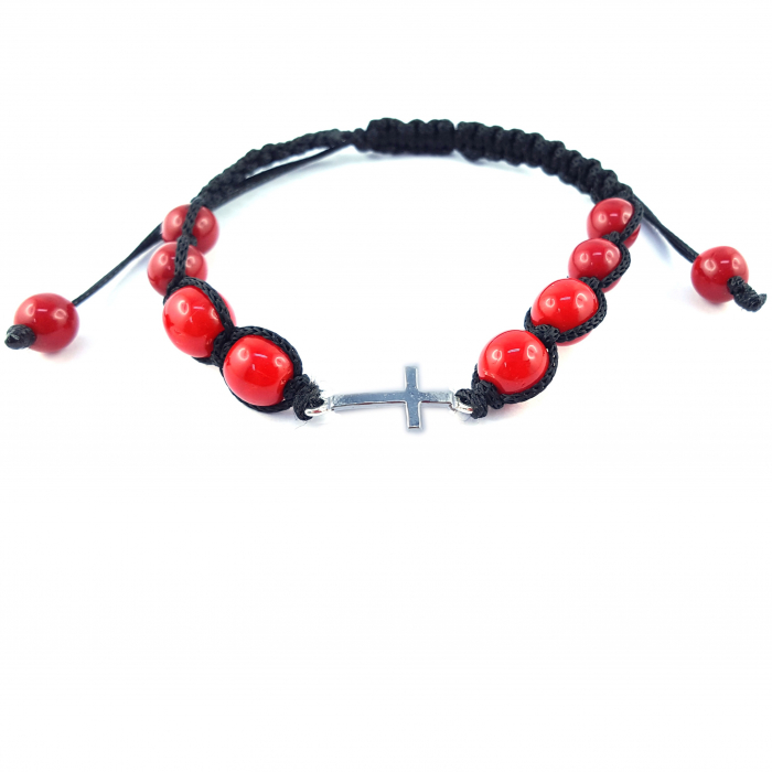 Bratara snur negru impletit manual personalizata cruciulita argint margele rosii sticla Bohemia reglabila 9354060 Dras [1]
