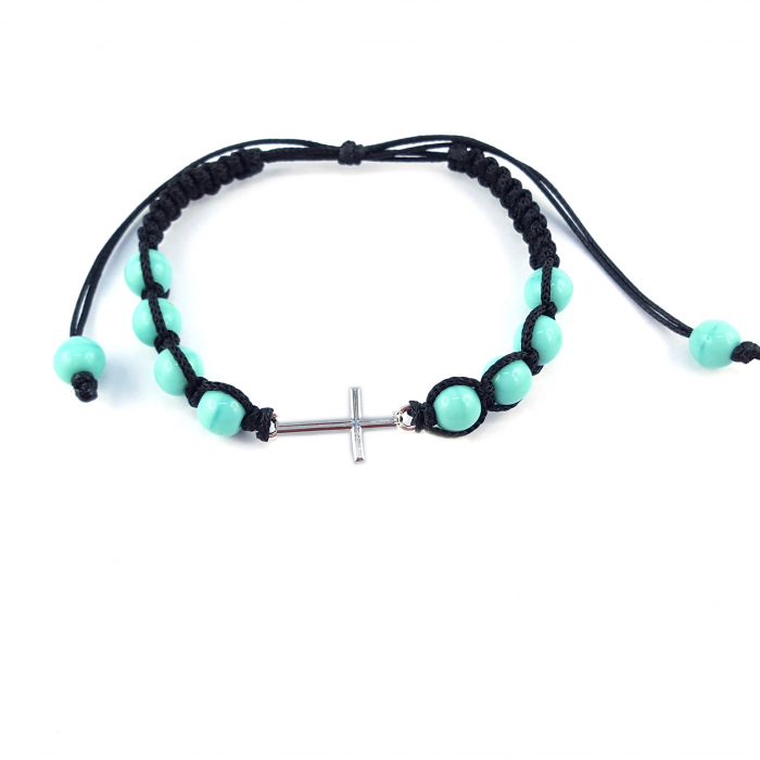 Bratara snur negru impletit manual personalizata cruciulita argint margele turcoaz sticla Bohemia reglabila 4204150 Dras [1]