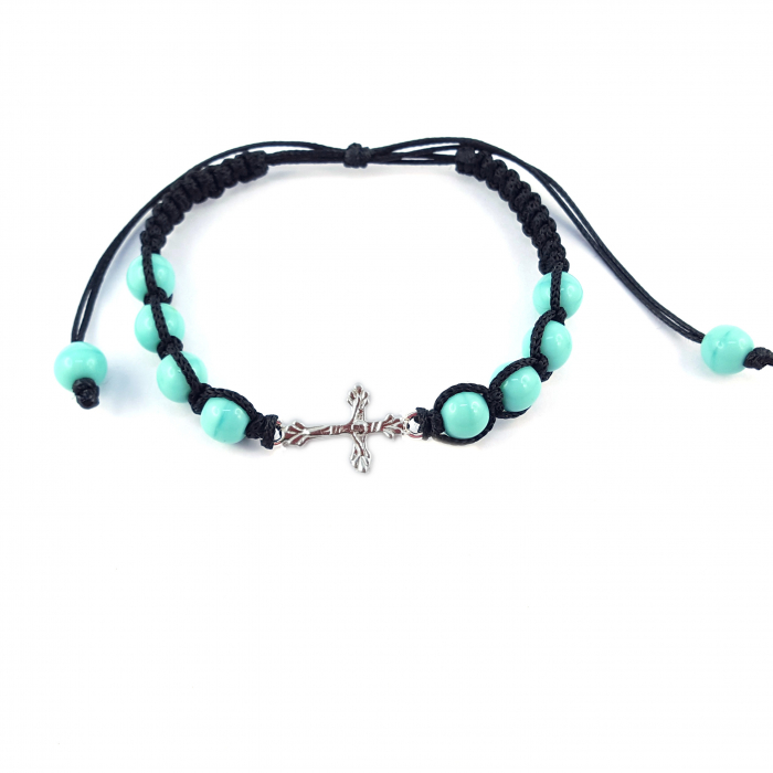Bratara snur negru impletit manual personalizata cruciulita argint margele turcoaz sticla Bohemia reglabila 4221060 Dras [1]